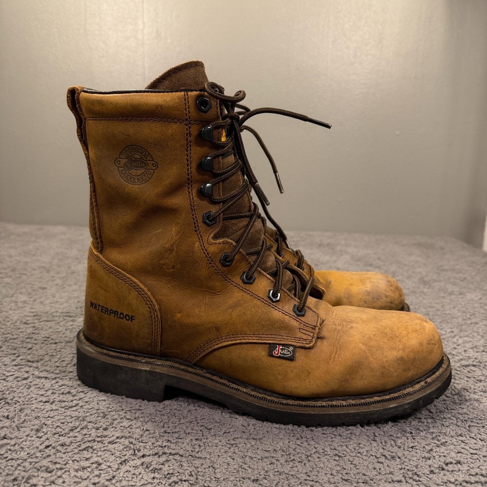 Justin Work Boots Mens 8.5 EE Brown Leather WK961 Waterproof Steel Toe 8 Inch - Picture 2 of 14